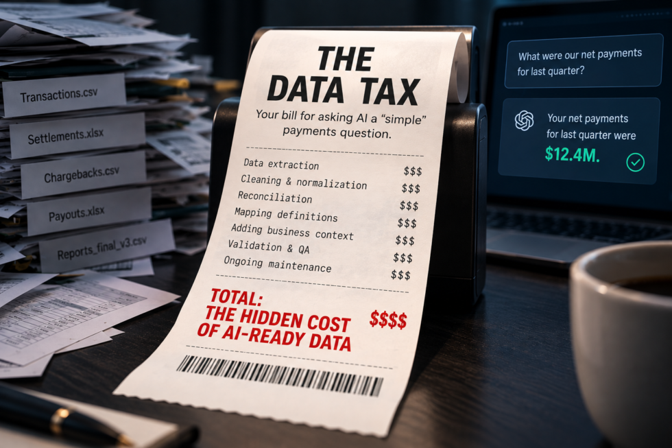 Receipt detailing hidden costs of AI-ready payments data processing, emphasizing data extraction and maintenance expenses. Optimized Payments highlights reducing credit card processing fees.